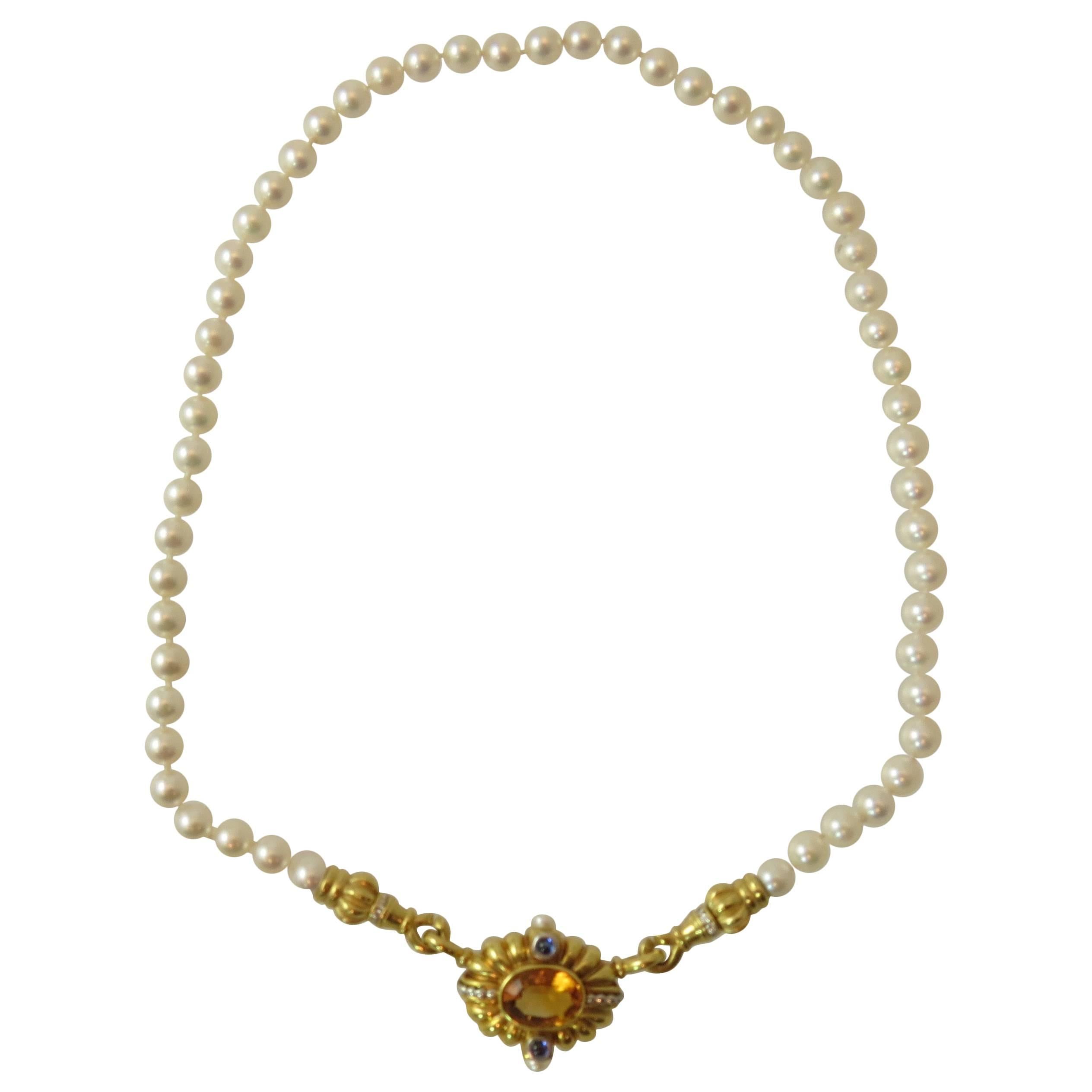 Lagos Citrine Diamond Gold Pendant attached to Cultured Pearls For Sale