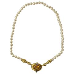 Retro Lagos Citrine Diamond Gold Pendant attached to Cultured Pearls