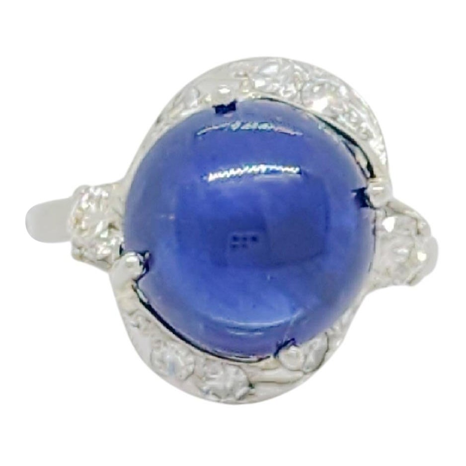 GIA Unheated Burma Blue Sapphire Cabochon and White Diamond Ring For Sale