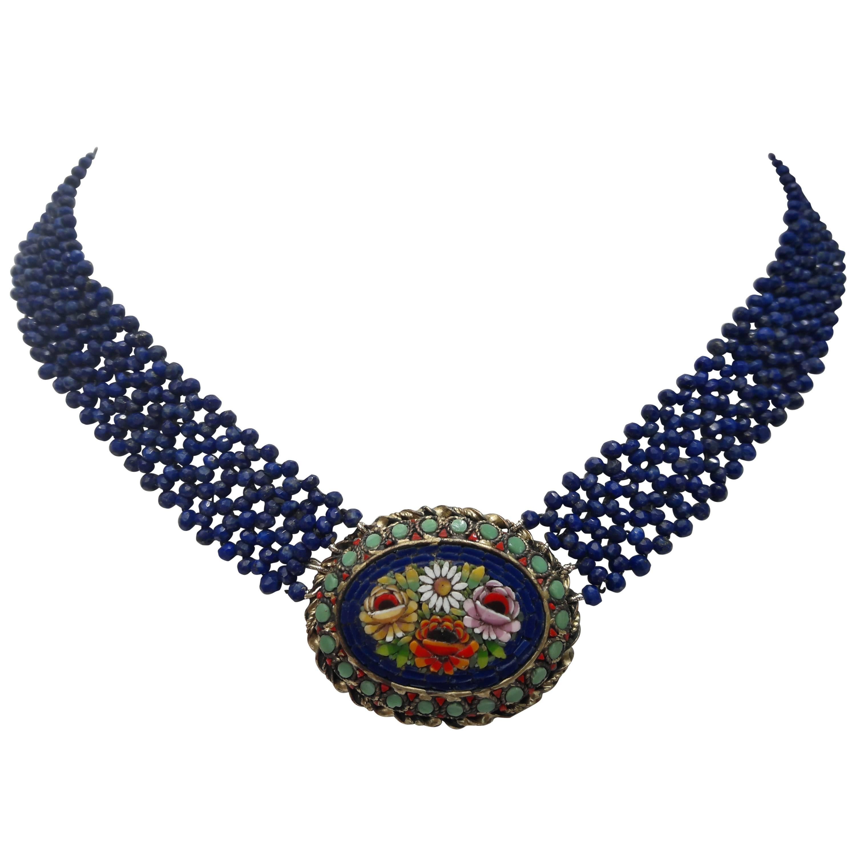 Early 20th Century Fine Micro Mosaic Brooch with Woven Faceted Lapis Bead Neckl