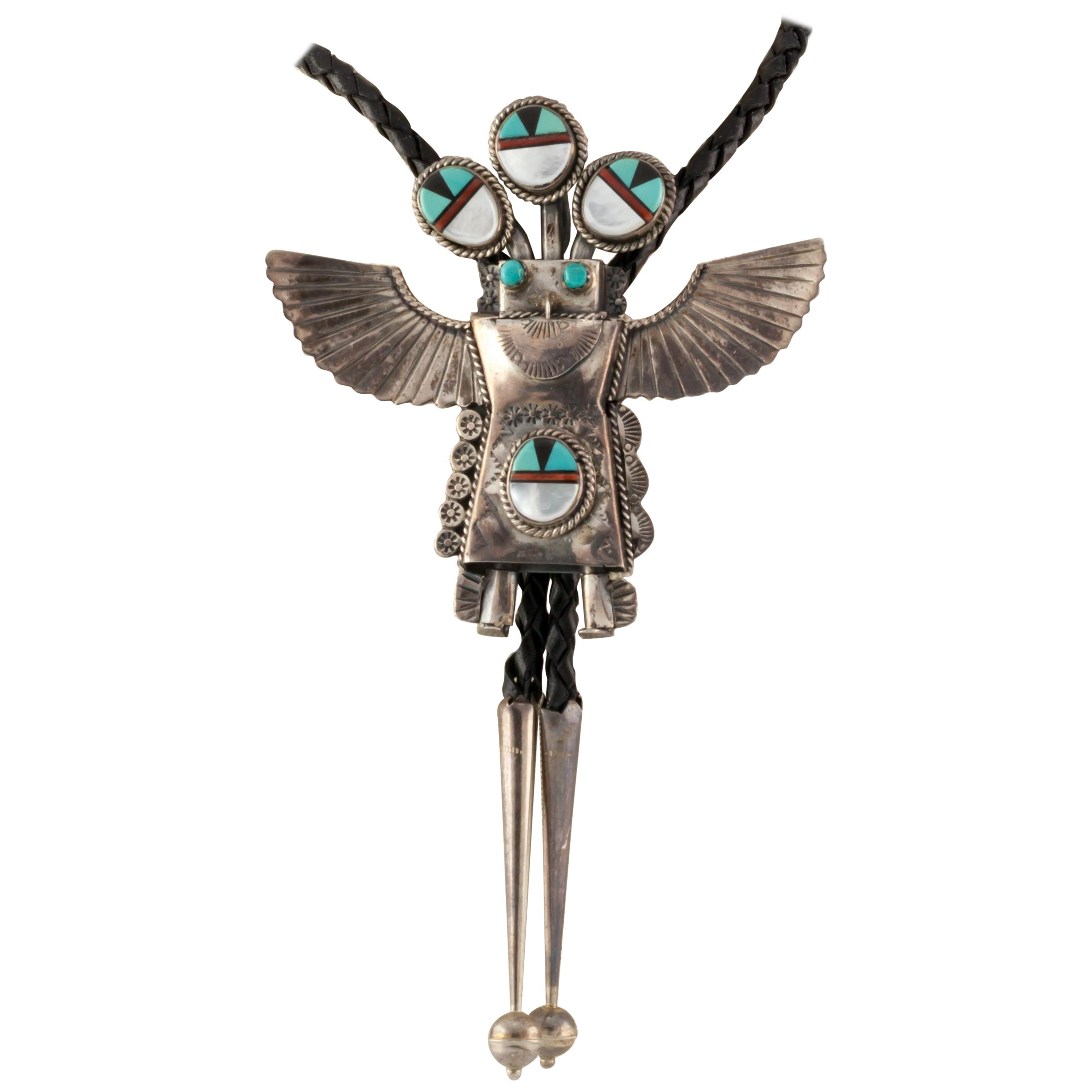 Zuni Kachina Sterling Silver & Turquoise Inlay Handcrafted Leather Bolo Tie For Sale