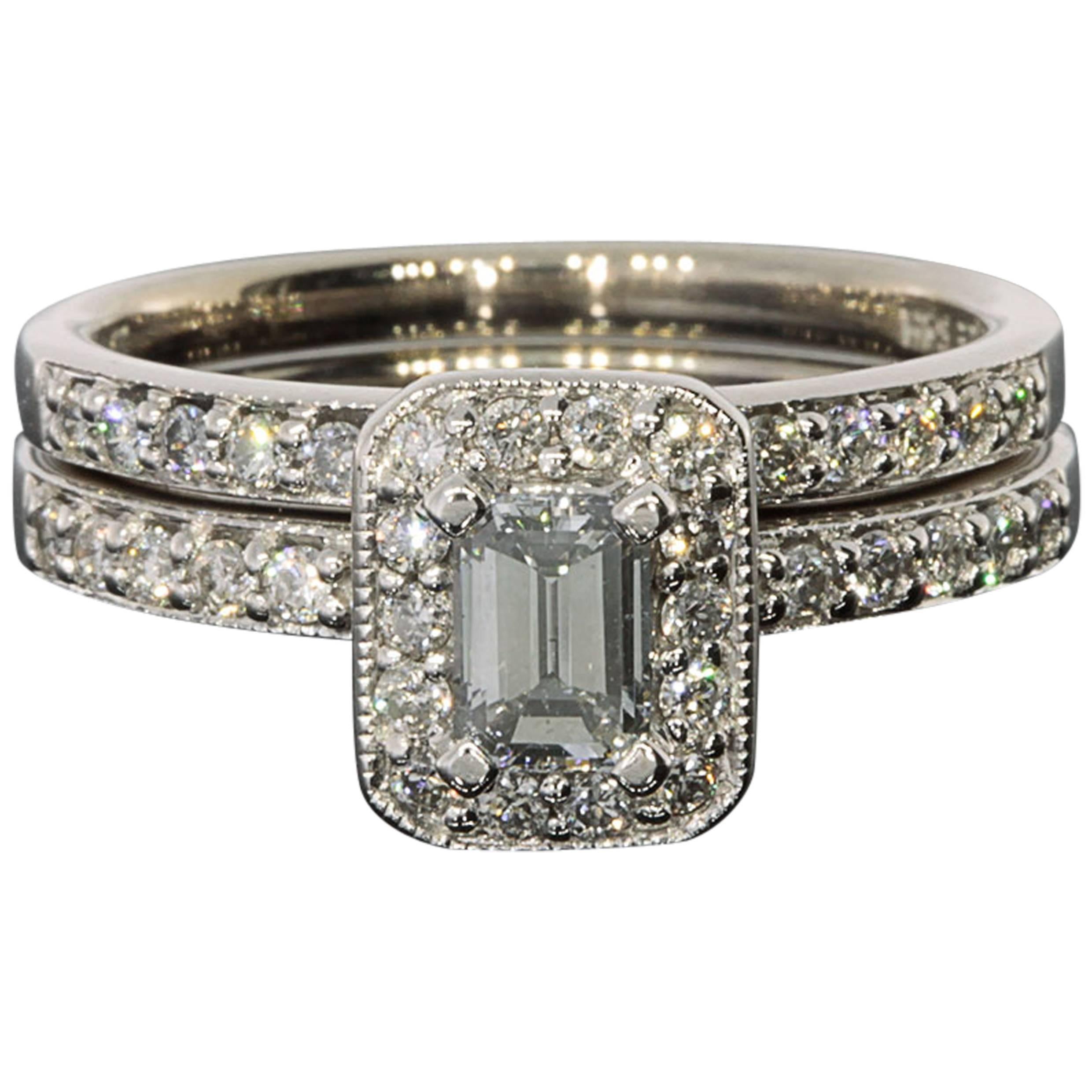 .87 Carats Diamonds Halo Engagement Ring and Wedding Band Set