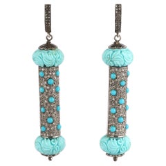 Vintage Victorian Style Diamond & Turquoise Gemstone Silver Dangle Earrings