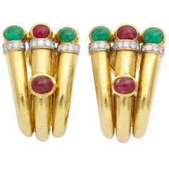 1980s David Webb Emerald Ruby Diamond Gold Ear Clips 3
