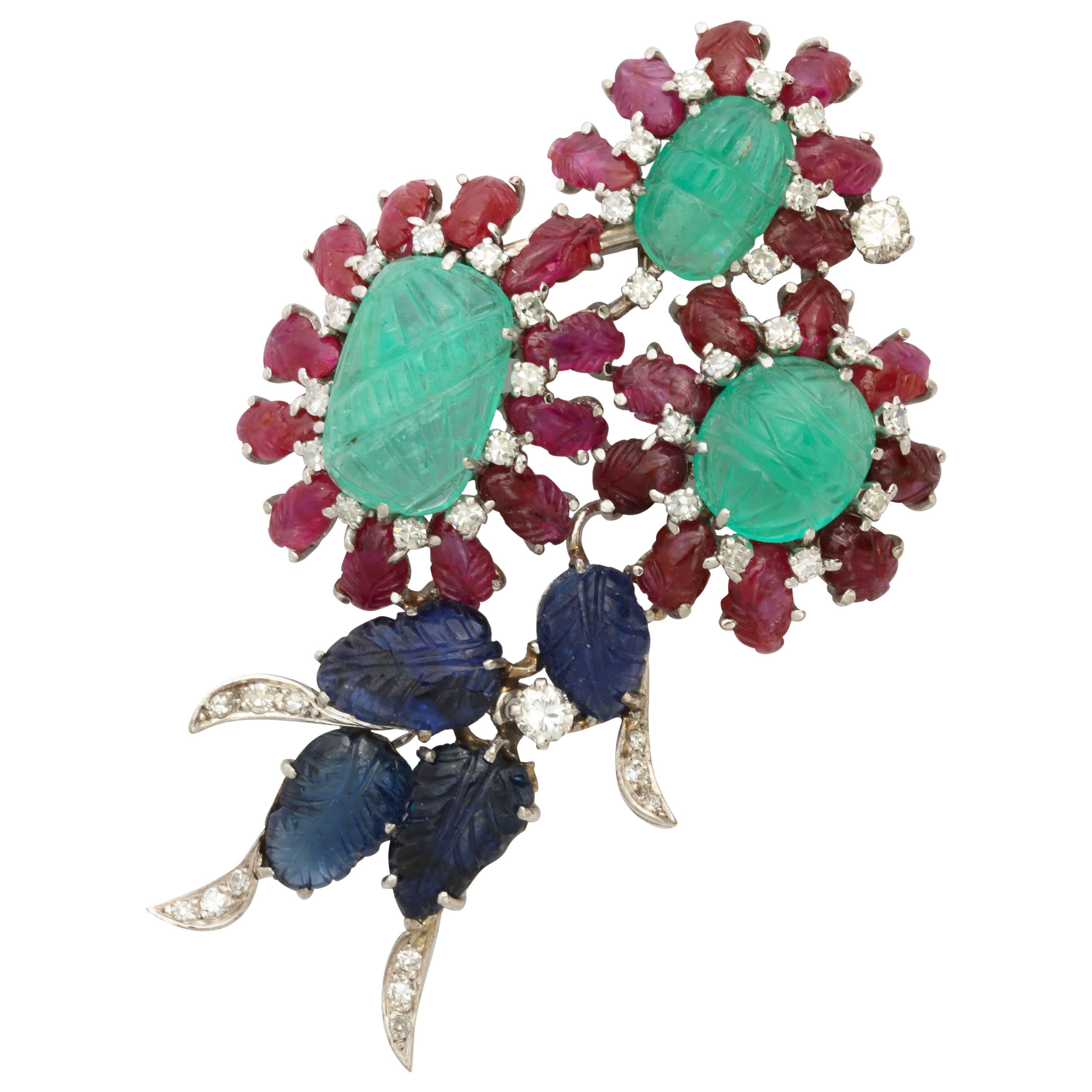 1950s Carved Emerald Sapphire Ruby Gold Tutti Frutti Brooch