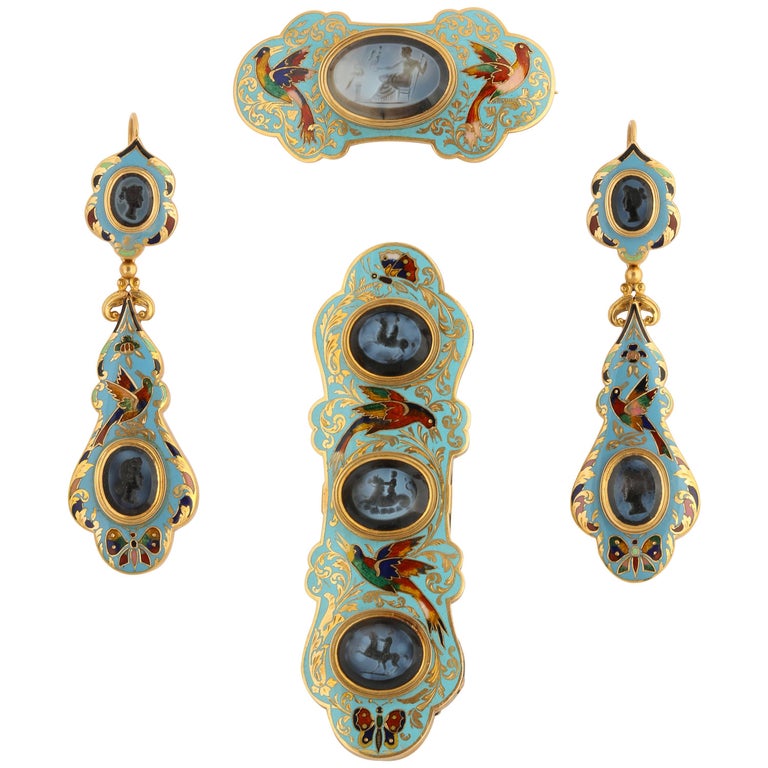 Enamel and intaglios gold jewelry suite, 1850, offered by Kenneth James Collection