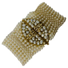 18K Yellow Gold Diamonds And Pearls Multi-Strands Bracelet 