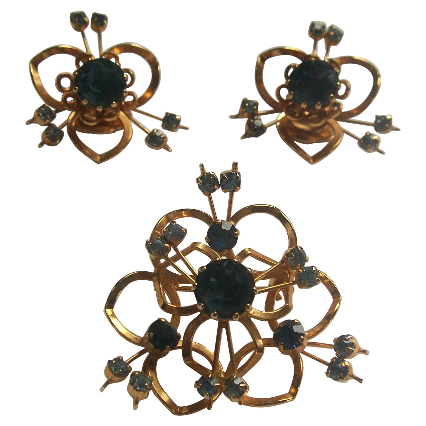 Clips d'oreilles et broche vintage en cristal autrichien et topaze de couleur or, années 1950