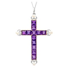 Antique 6 Carat Amethyst, Pearl and 18k Yellow Gold Cross Pendant Circa 1880