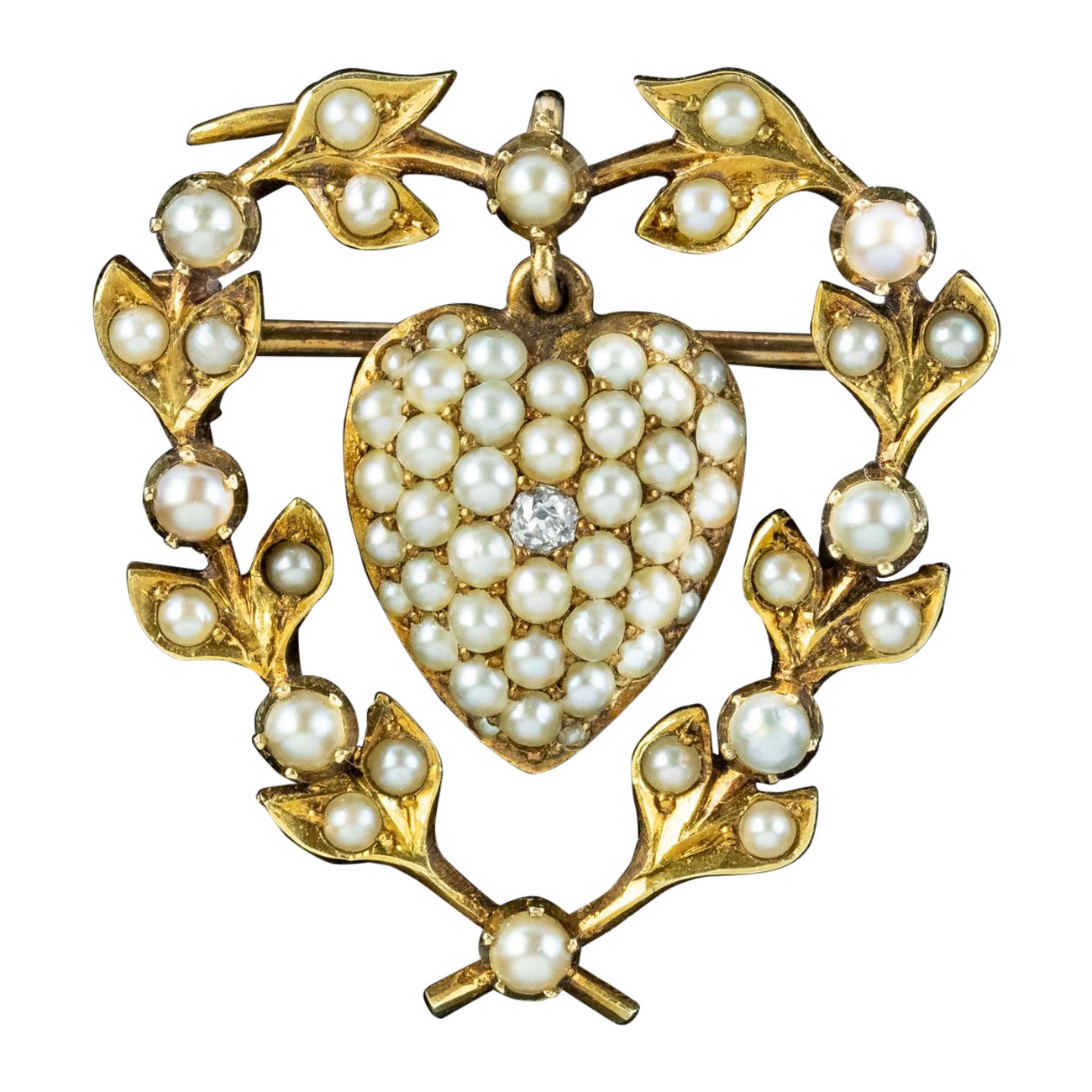Antike viktorianische Perlen-Diamant-Herz-Brosche aus 15 Karat Gold mit Medaillon