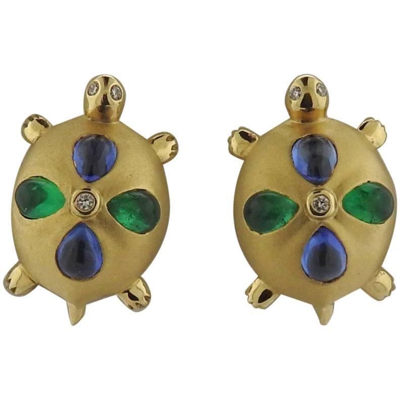 Temple St. Clair Sapphire Emerald Diamond Gold Turtle Earrings