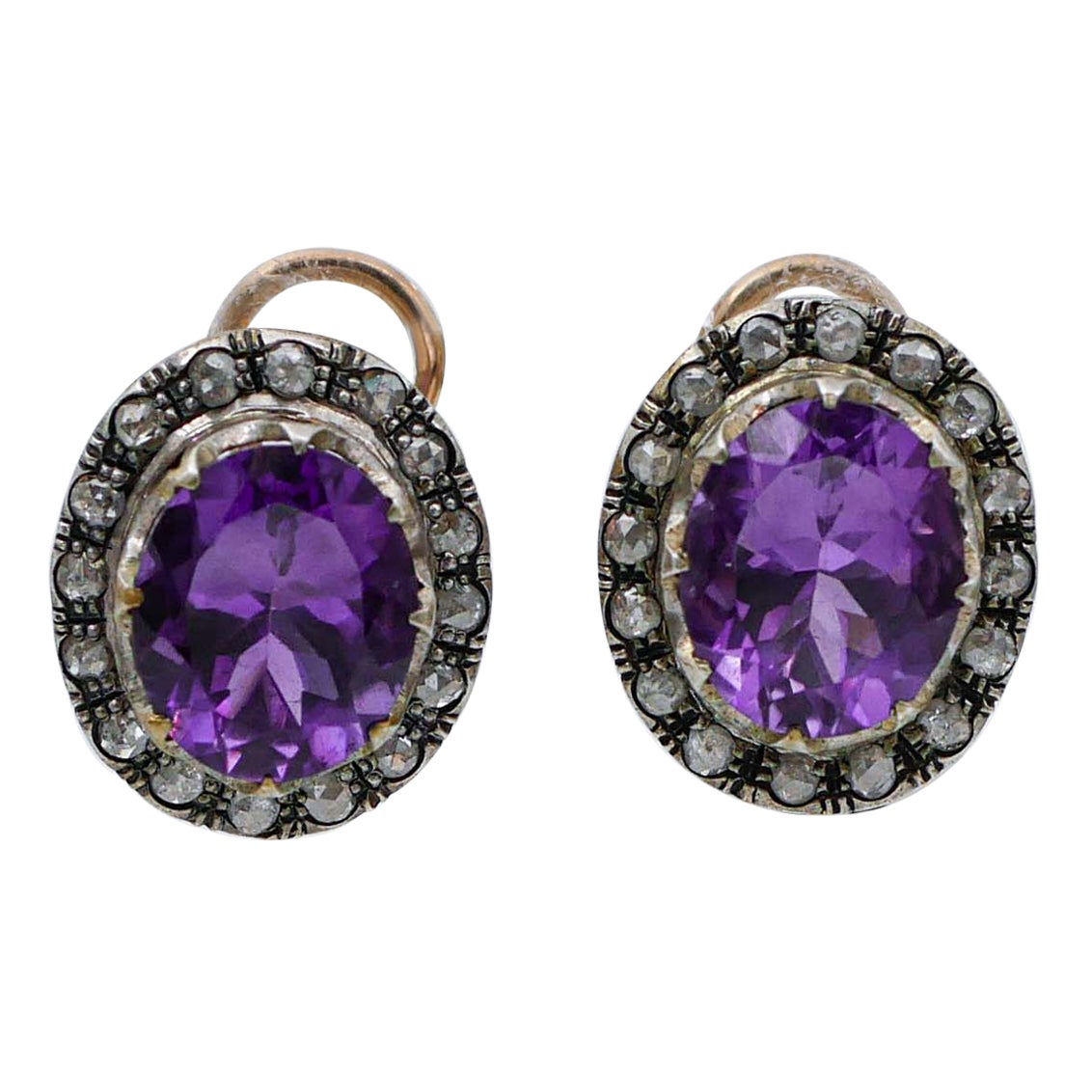 Amethysts, Diamonds, Rose Gold and Silver Earrings For Sale