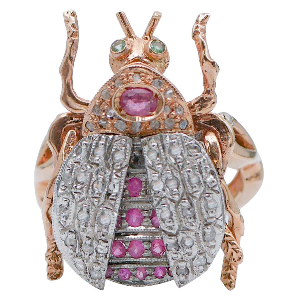 Rubies, Tsavorite, Diamonds, Rose Gold and Silver Beetle Ring For Sale