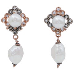 Vintage Stones, Diamonds, Pearls, Rose Gold and Silver Dangle Earrings
