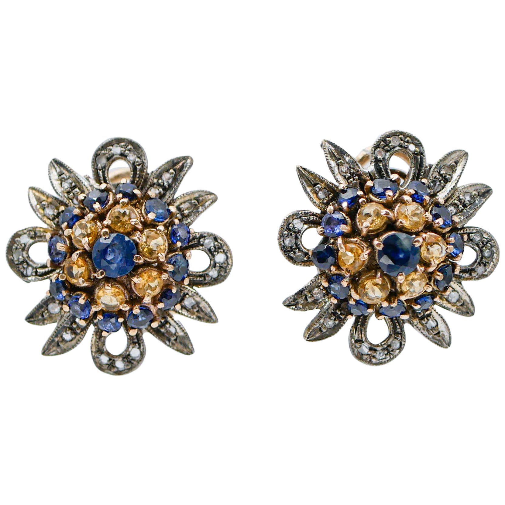Yellow and Blue Sapphires, Diamonds, Rose Gold and Silver Earrings For Sale