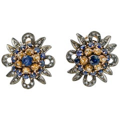 Yellow and Blue Sapphires, Diamonds, Rose Gold and Silver Earrings