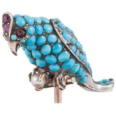 Victorian Pave Set Turquoise Ruby Silver Gold Parrot Stick Pin 8