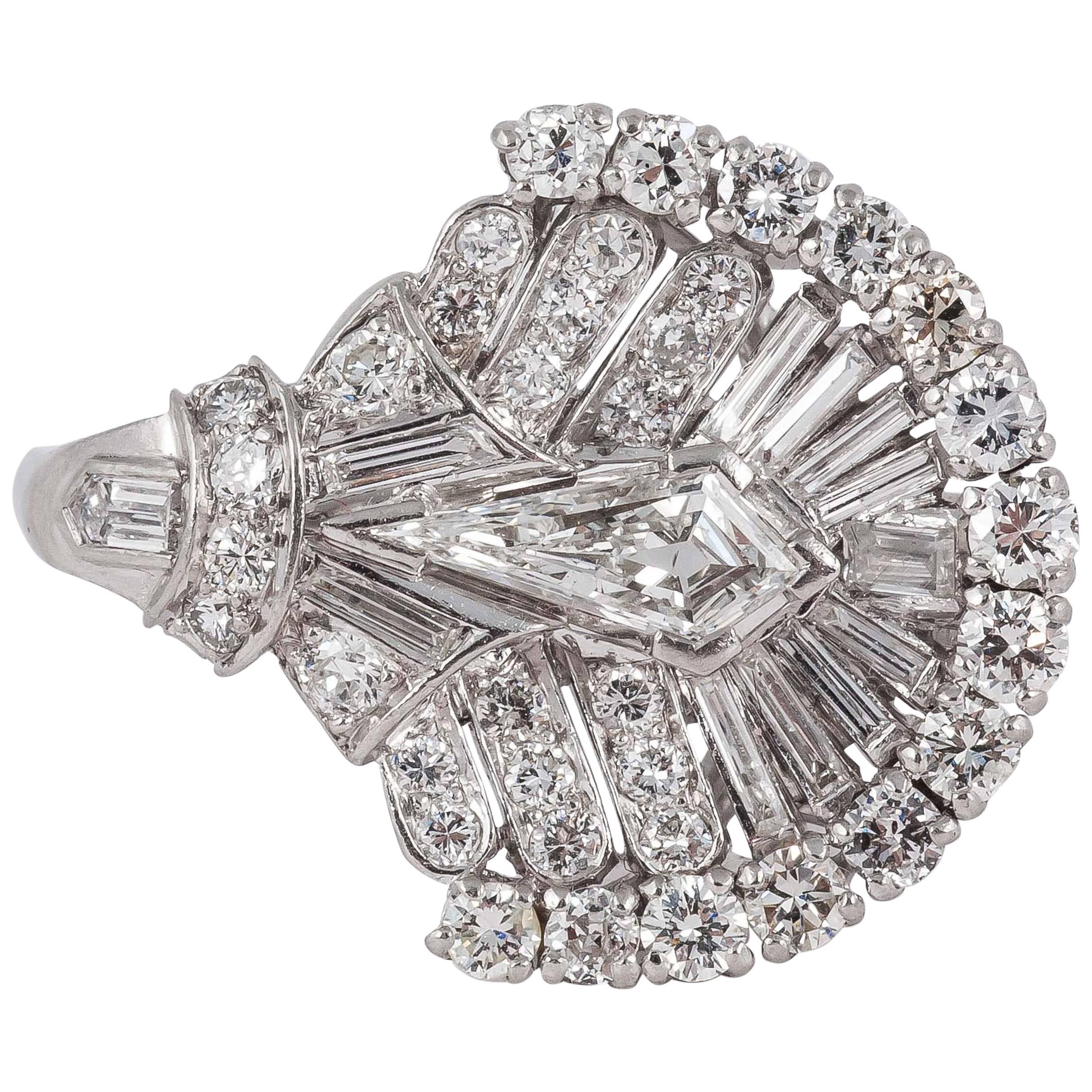 Diamond Platinum Fan Shaped Ring For Sale