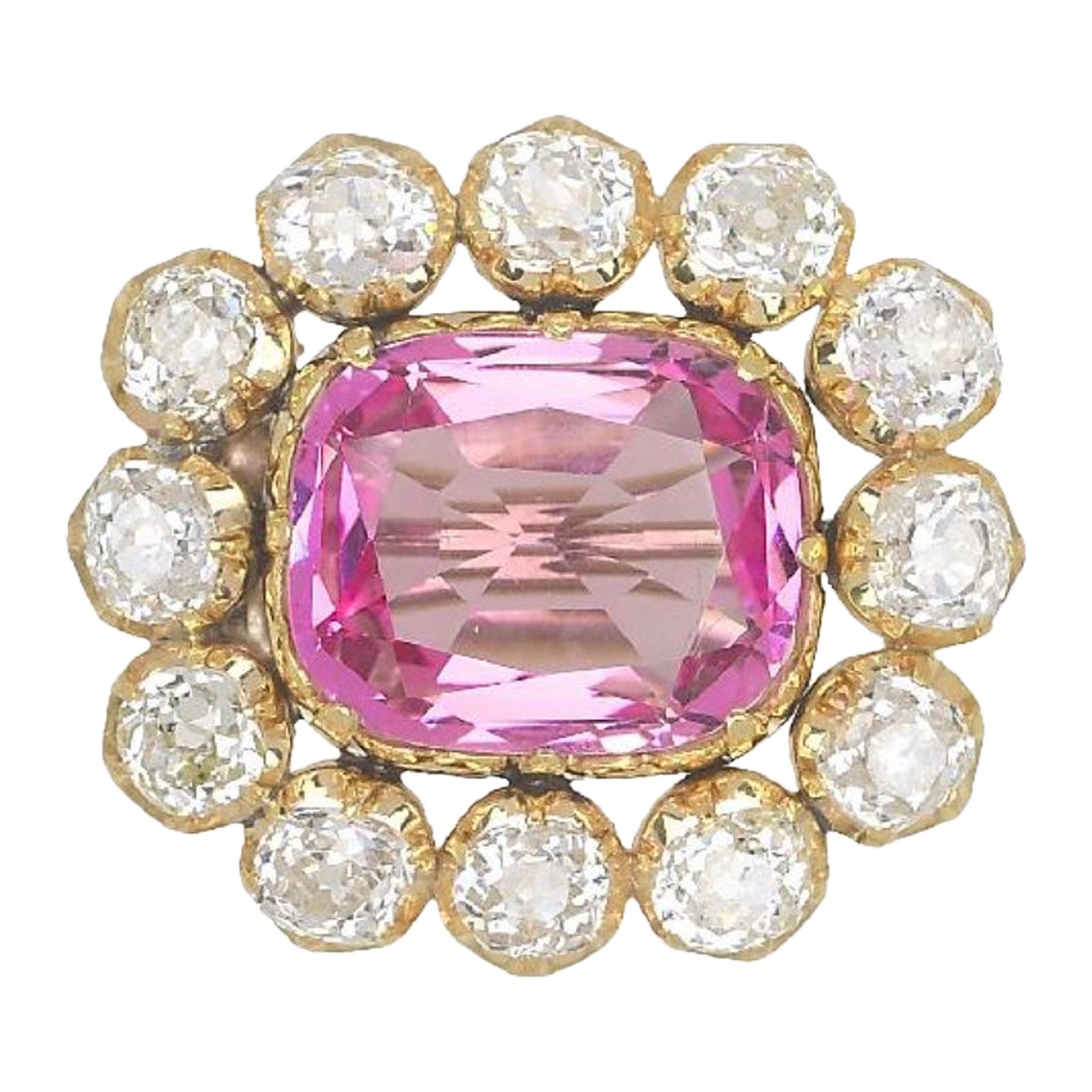 GIA Certified Victorian Pink Topaz & Old Mine Cut Diamond Brooch