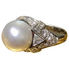 Vintage Faraone Platinum South Sea Pearl Trillion Square Diamond Ring