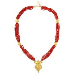 Triple Strand Red Natural Coral Gold Beads Necklace For Sale at 1stDibs