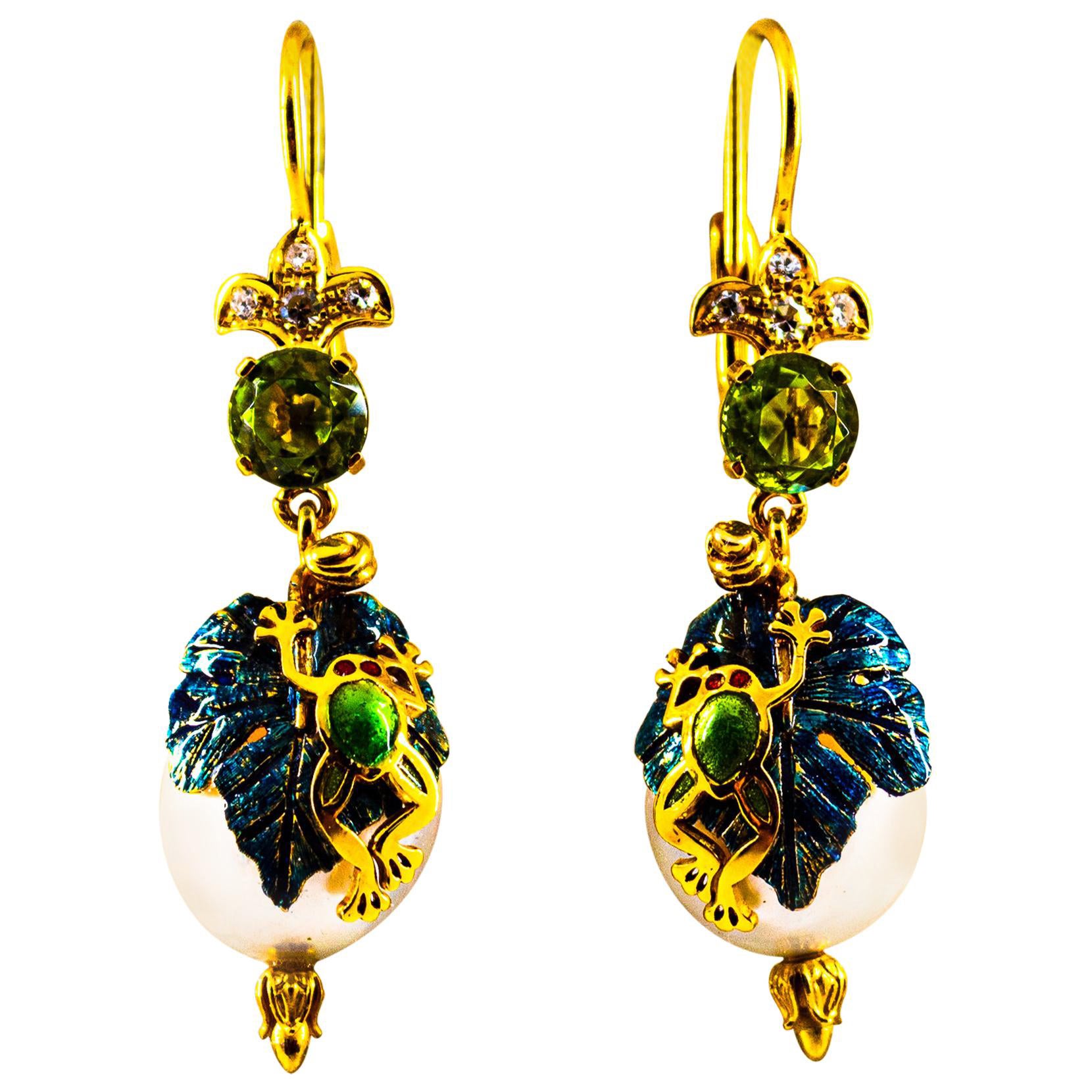 Art Nouveau Style White Diamond Peridot Pearl Enamel Yellow Gold "Frog" Earrings