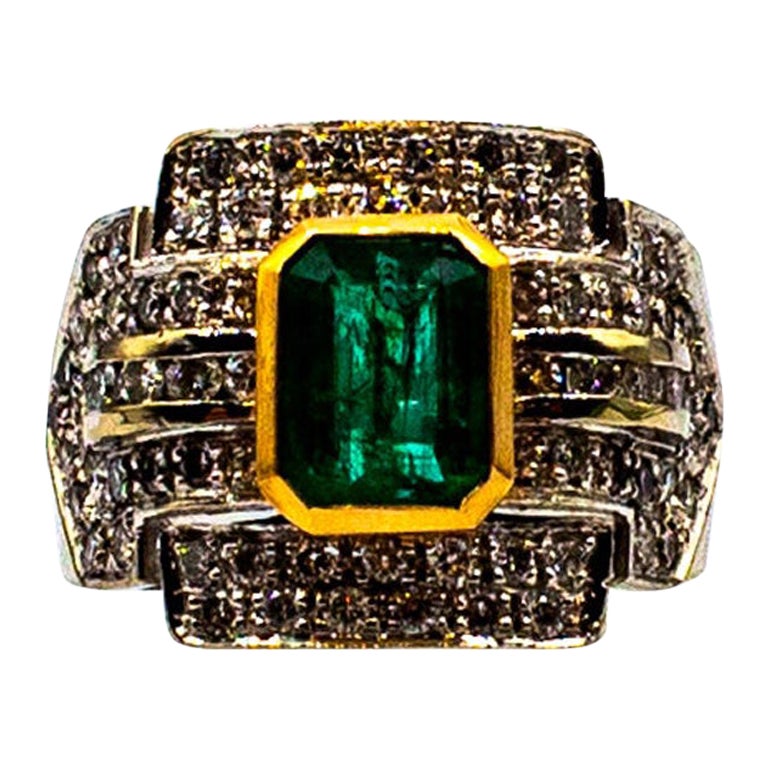 Art Deco Style Emerald Cut Emerald White Diamond White Gold Cocktail Ring For Sale