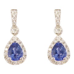 Pear Cut Ceylon Sapphire and Diamond Cluster Drop Earrings in 18ct White Gold