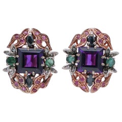 Amethysts, Rubies, Emeralds, Sapphires, Diamonds, Rose Gold and Silver Earrings