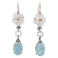Vintage Diamonds, Sapphires, White Stones, Aquamarine, Rose Gold and Silver Dangle Earrings