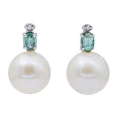 Pearls, Emeralds, Diamonds, 14 Karat White Gold Earrings
