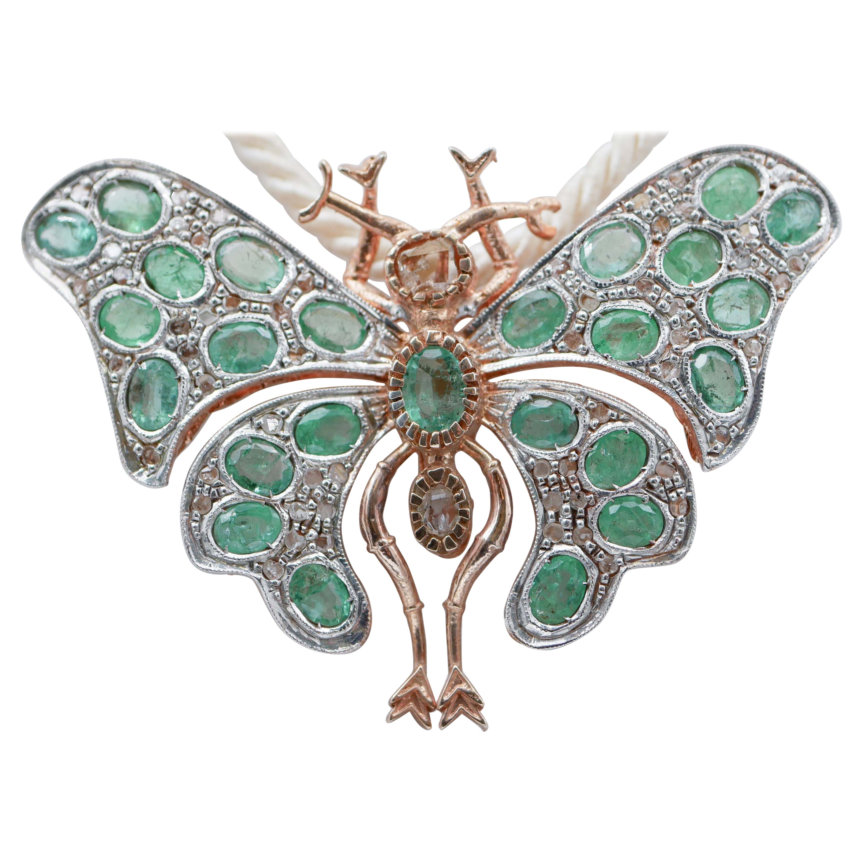 Emeralds, Diamonds, Rose Gold and Silver Butterfly Brooch/Pendant For Sale
