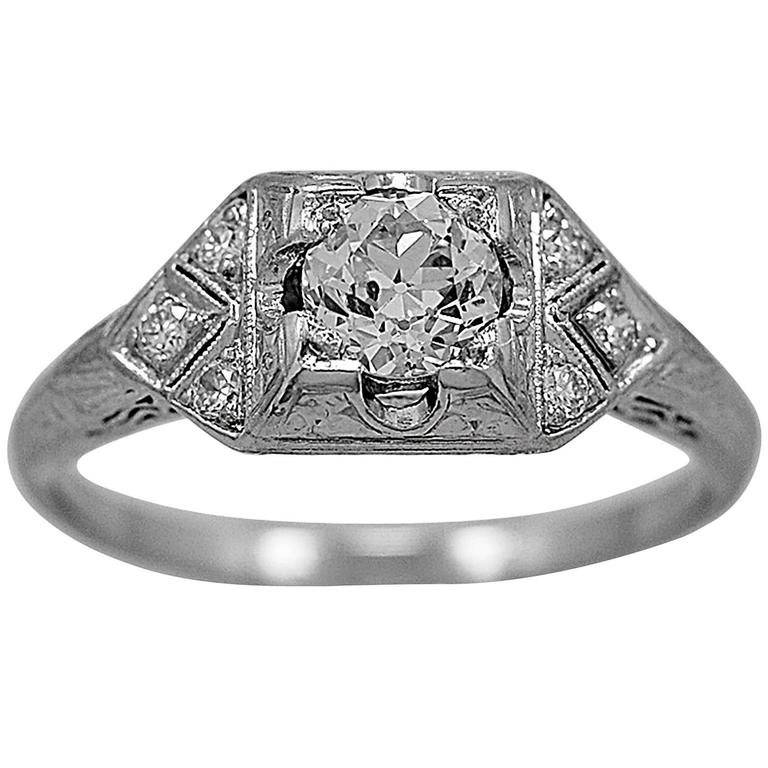 Art Deco .58 Carat Diamond Platinum Engagement Ring at 1stDibs