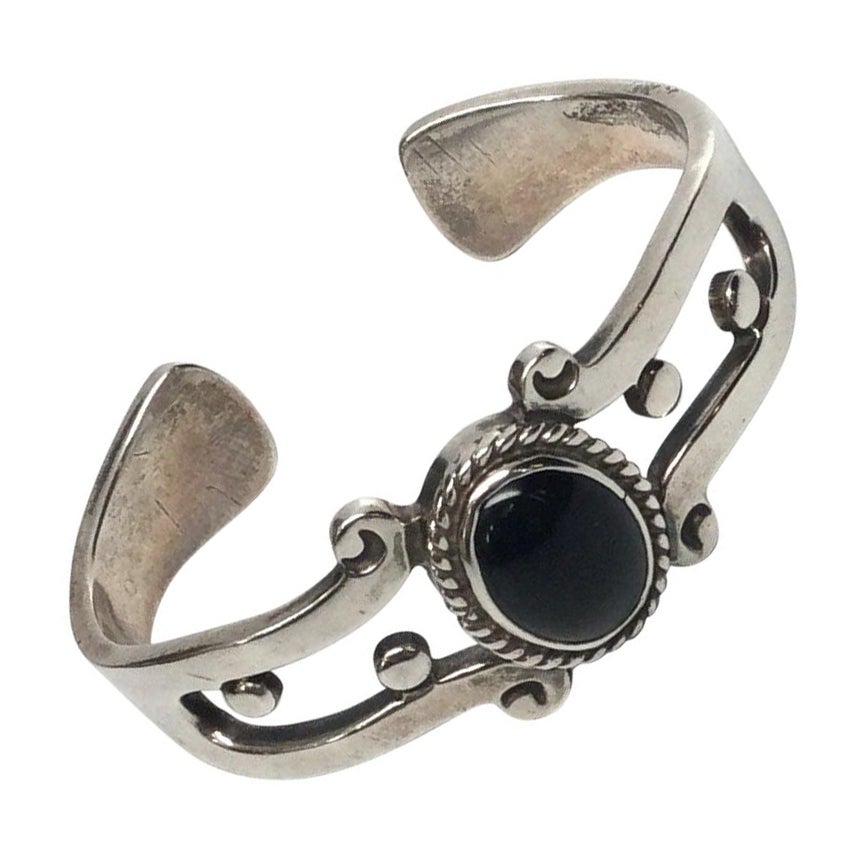 Taxco FDH Sterling Silver Black Onyx Cuff Bracelet For Sale