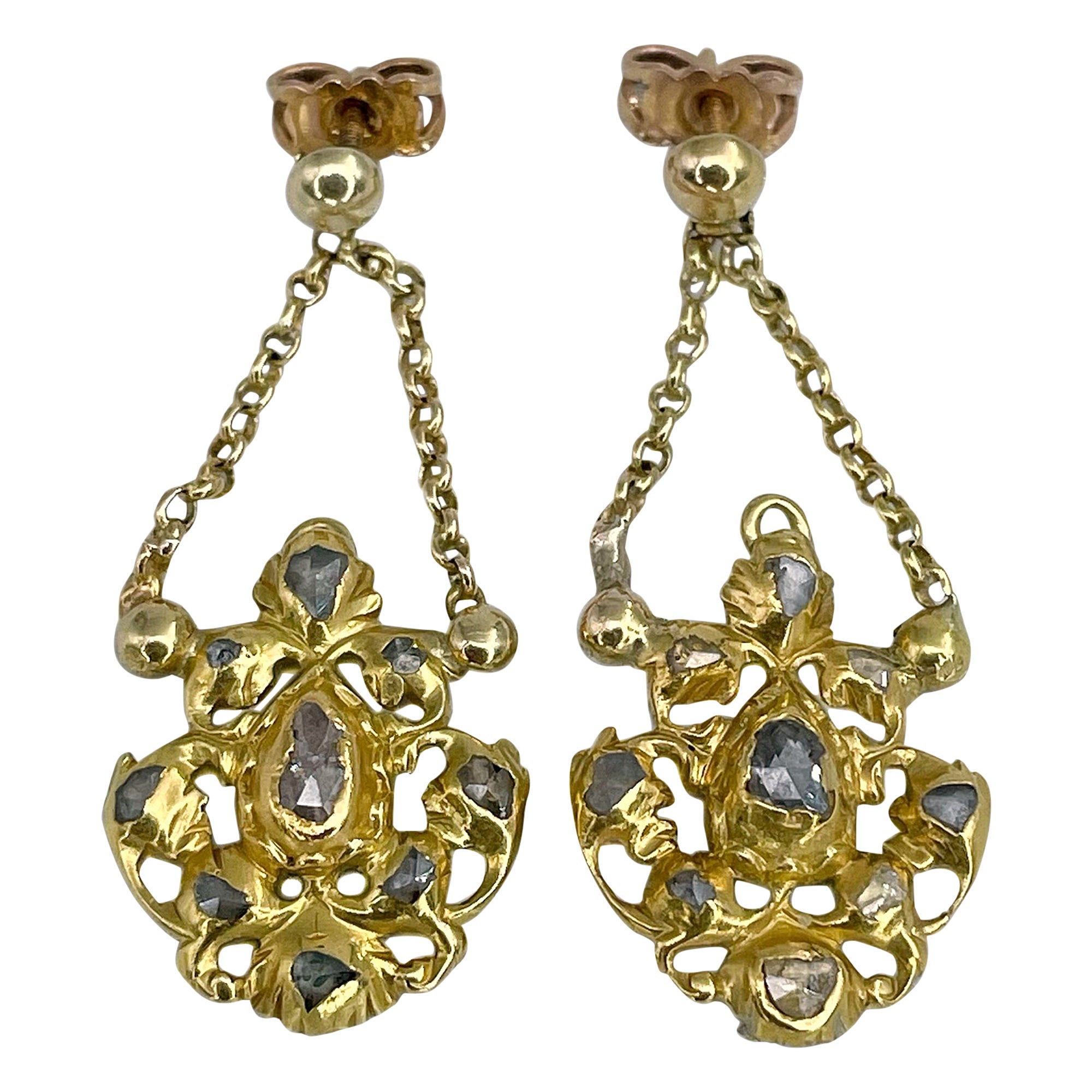 Victorian 18 Karat Yellow Gold Rose Cut Diamond Drop Stud Earrings