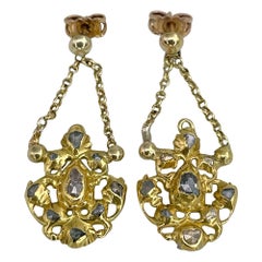 Victorian 18 Karat Yellow Gold Rose Cut Diamond Drop Stud Earrings