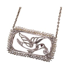Antique Edwardian Platinum Rose Cut Diamond and Seed Pearl Bird Necklace