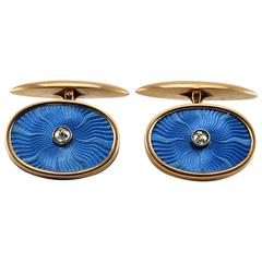 Antique Russian Guilloche Enamel Diamond Gold Cufflinks