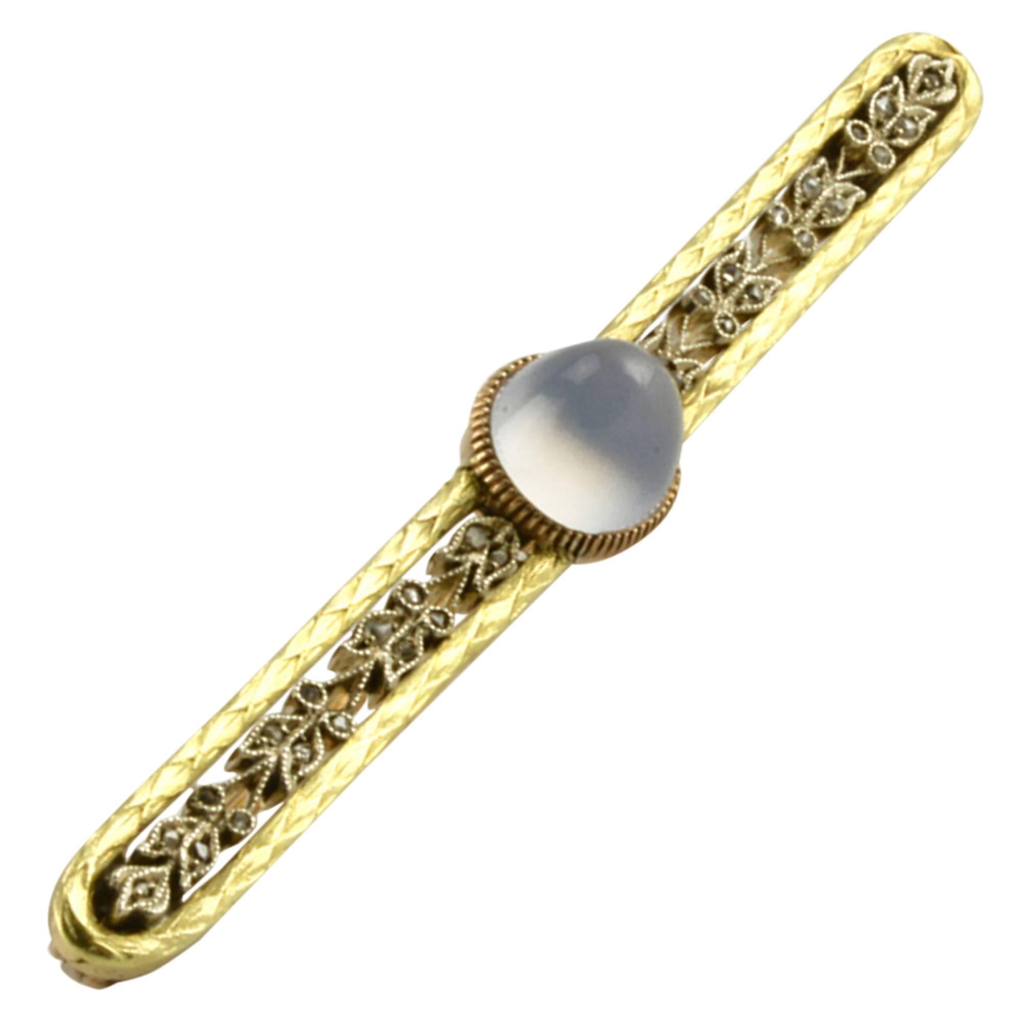 Faberge Antique Moonstone Diamond Two Color Gold Brooch