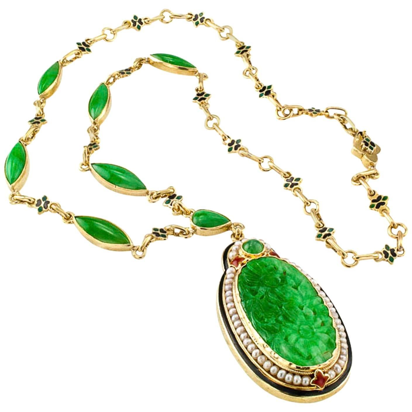 1925 Art Deco Carved Jadeite Pearl Enamel Gold Necklace
