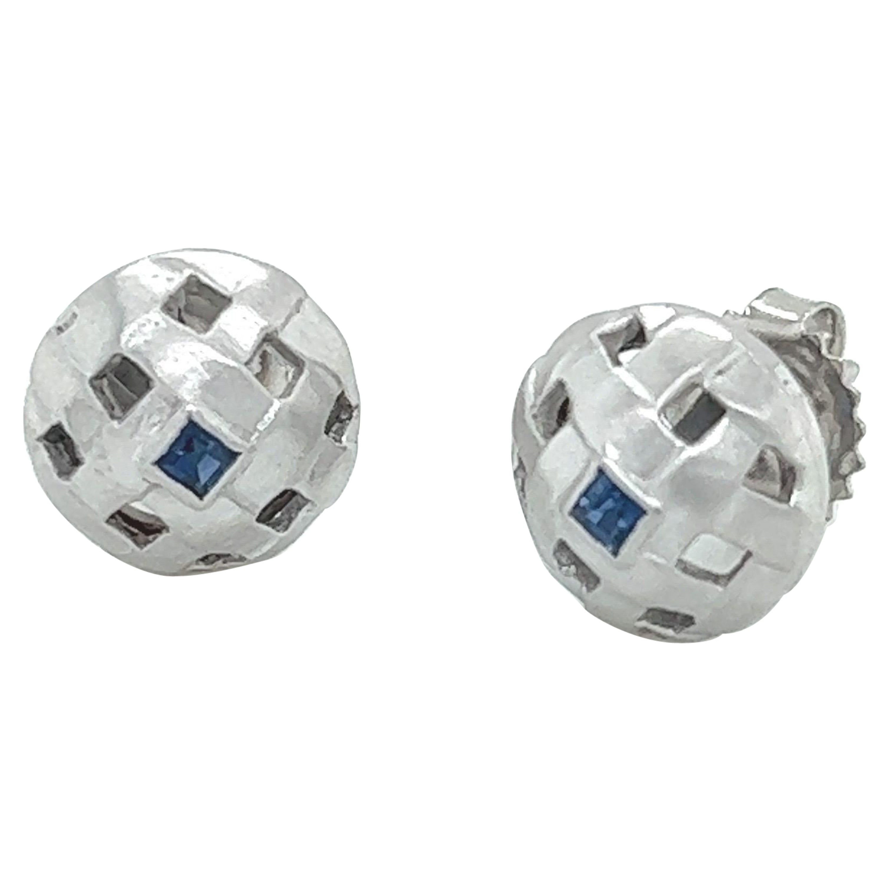Basket Weave Stud Earrings with Square Sapphire White Gold For Sale