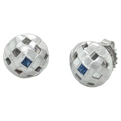 Basket Weave Stud Earrings with Square Sapphire White Gold