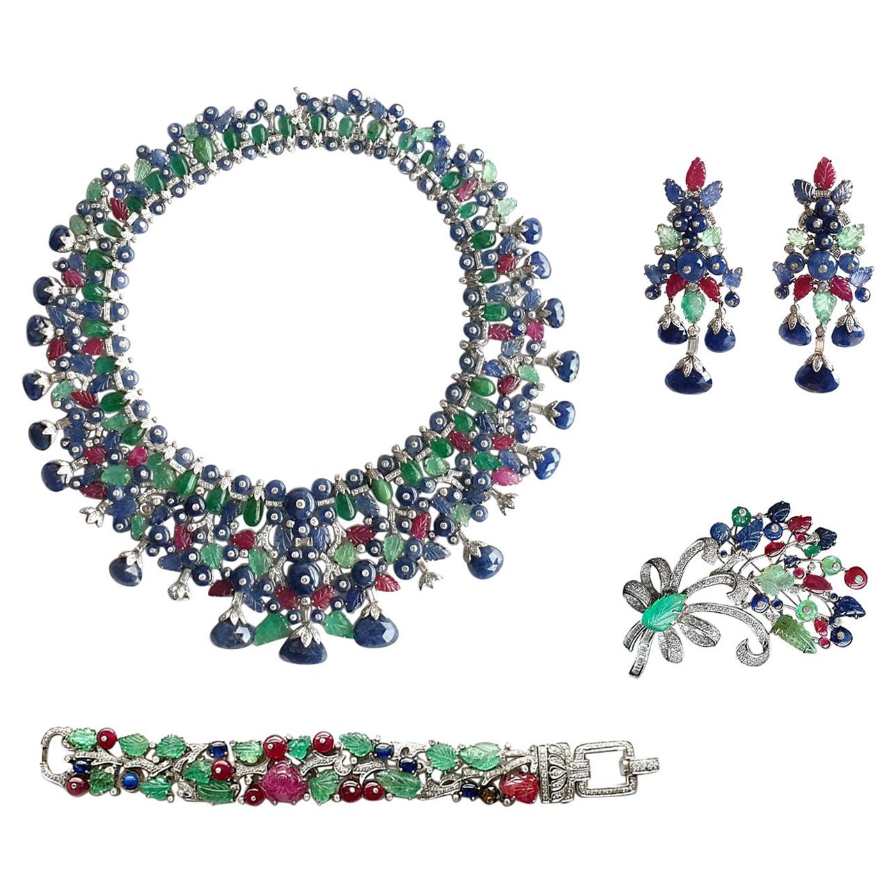 Collier, bracelet, boucles d'oreilles et broche Goshwara multi-pierres et diamants 