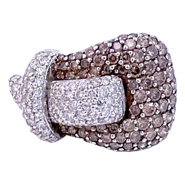 Pavé Buckle Ring with Natural Brown & White Diamonds in 18 Karat White Gold For Sale