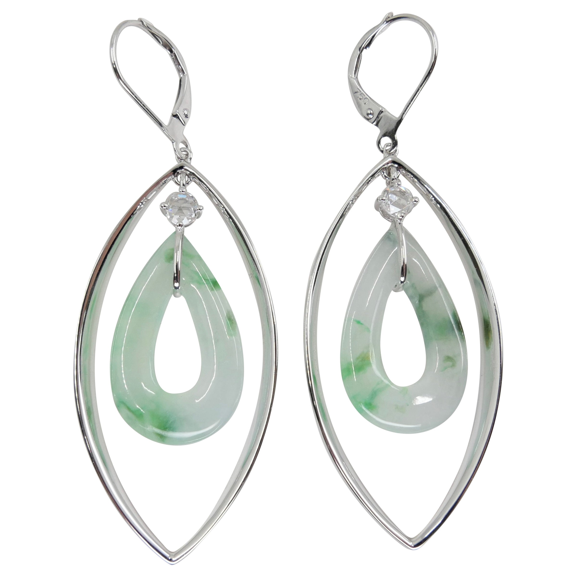 Certified Natural Icy Jadeite Jade & Rose Cut Diamond Drop Earrings, Lucky Jade For Sale