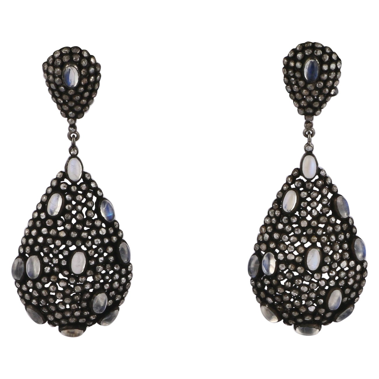 Viktorianische Hochzeits-Silber-Ohrringe im viktorianischen Stil mit Diamanten und blauen Mondsteinen