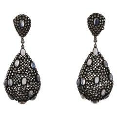 Victorian Style Diamond & Blue Moonstone Wedding Silver Dangle Earrings