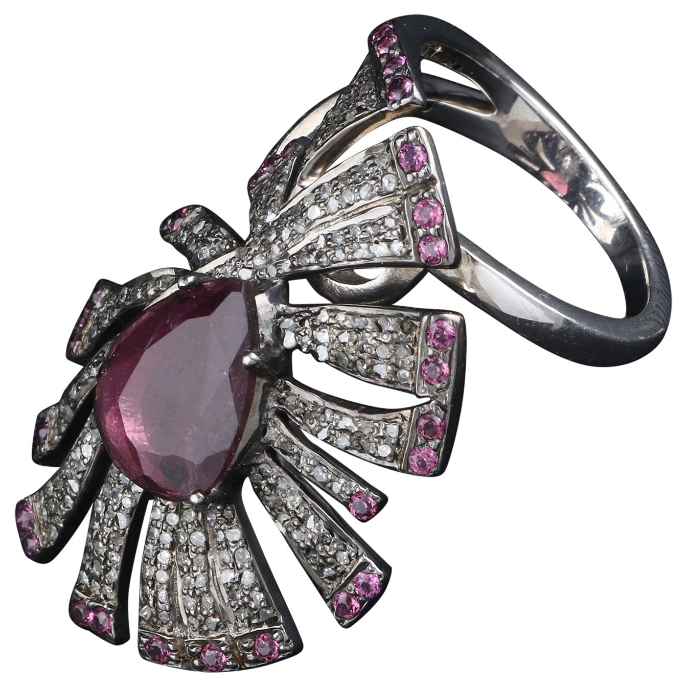 Victorian Style Diamond Silver Pink Tourmaline & Pink Sapphire Floral Ring For Sale