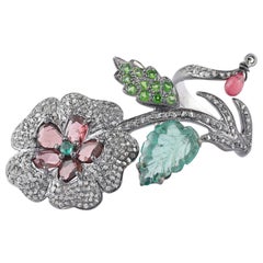 Victorian Style Diamond Silver Emerald & Tsavorite Floral Cocktail Ring
