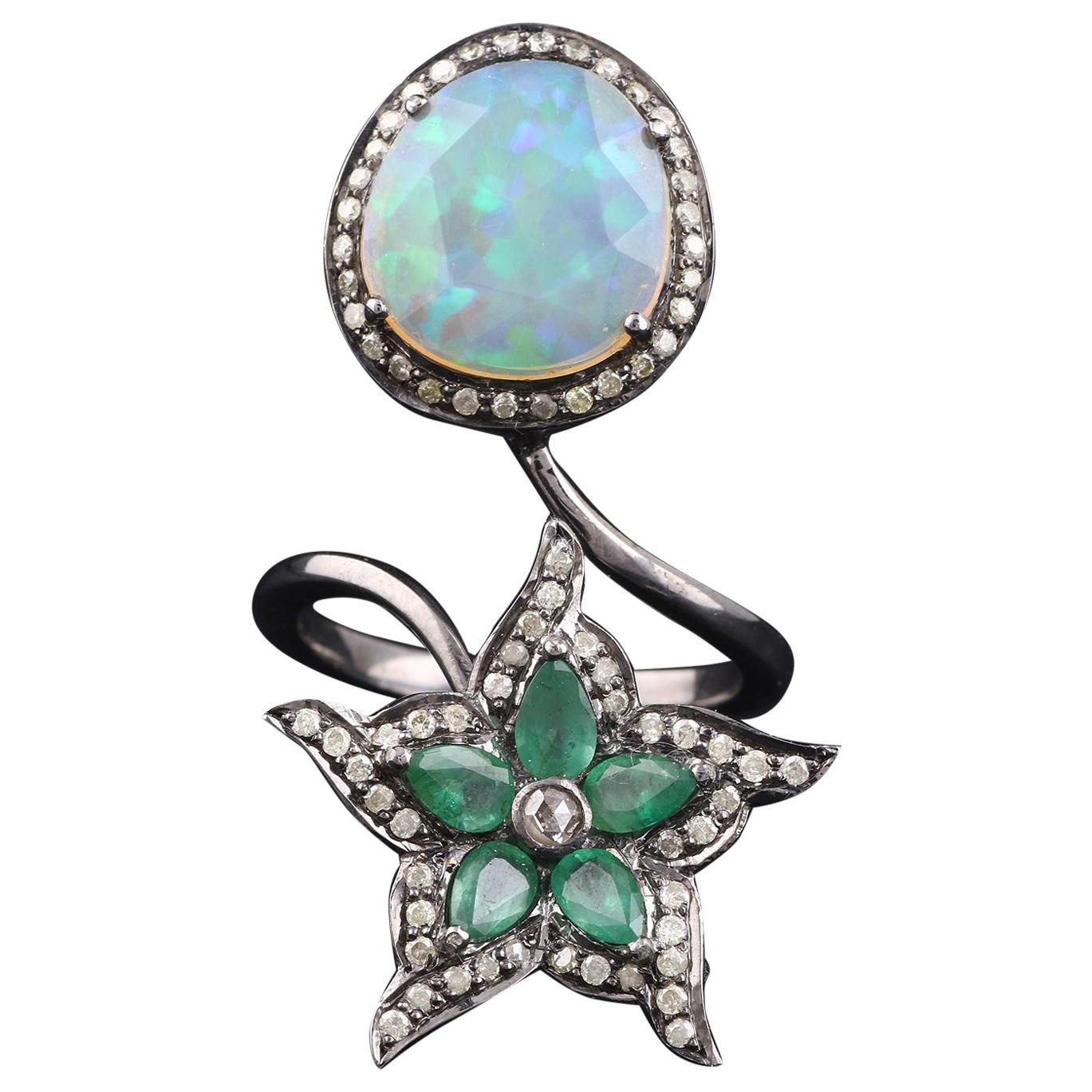 Victorian Style Diamond Silver Emerald & Ethiopian Opal Star Cocktail Ring For Sale